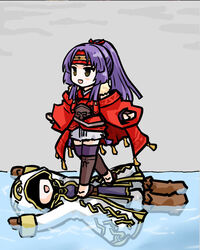  1boy :d afloat chibi commentary_request female fire_emblem fire_emblem:_radiant_dawn fire_emblem_heroes headband hood hooded_robe kiran_(fire_emblem) kiran_(male)_(fire_emblem) ninja official_alternate_costume official_alternate_hairstyle ponytail purple_hair robe sanaki_kirsch_altina sanaki_kirsch_altina_(ninja) smile stepped_on tenmaru thighhighs walking water 