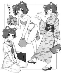  absurdres animal_bag animal_ears bag bare_shoulders bear_bag bear_ears bear_girl bear_tail blush choker closed_eyes closed_mouth collarbone english_text fake_claws female full_body greyscale gris_(vertigris) highres holding holding_bag japanese_clothes kimono looking_at_viewer monochrome multiple_views neckerchief oerba_yun_fang open_mouth original own_hands_together pleated_skirt sailor_collar sandals school_bag school_uniform serafuku short_hair skirt sparkle tail translated v vertigris white_background zouri 