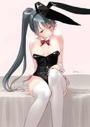  alternate_costume animal_ears areola_slip bed black_leotard bow bowtie breasts commentary_request detached_collar feet_out_of_frame female green_eyes grey_hair highres houshou_(kancolle) kantai_collection leotard long_hair medium_breasts one-hour_drawing_challenge playboy_bunny rabbit_ears red_bow red_bowtie solo strapless strapless_leotard tetsukuzu_(yajirushi_shita) thighhighs undersized_breast_cup white_thighhighs wrist_cuffs 