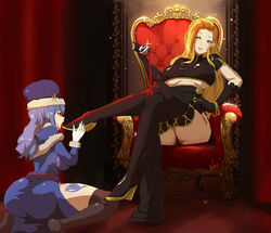  2girls absurdres alcohol blonde_hair blue_hair boots breasts chair chinese_clothes commentary_request commission cup drinking_glass fairy_tail from_behind hemaxyz highres juvia_lockser licking licking_foot multiple_girls non-web_source original queen self-upload slave throne underboob wine wine_glass 