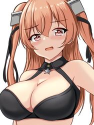  black_bra blush bra breasts brown_eyes female highres johnston_(kancolle) kantai_collection light_brown_hair long_hair looking_at_viewer medium_breasts montemasa off_shoulder open_mouth simple_background solo two_side_up underwear upper_body white_background 