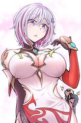  3girls ^^^ absurdres breasts china_dress chinese_clothes chinese_commentary commentary_request cosplay dress elbow_gloves fei_luo_mao fu_hua fu_hua_(herrscher_of_sentience) fu_hua_(phoenix) fu_hua_(phoenix)_(cosplay) gloves grey_hair halterneck highres honkai:_star_rail honkai_(series) honkai_impact_3rd large_breasts lifting_person long_hair looking_at_hand low-tied_long_hair multicolored_hair multiple_girls open_mouth purple_eyes red_hair round_eyewear sleeveless sleeveless_dress streaked_hair sunglasses topaz_(honkai:_star_rail) two-tone_hair upper_body wardrobe_malfunction white_hair 