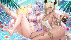  2girls anzumame ass azur_lane bare_shoulders bikini blonde_hair braid breasts brown_eyes brown_hair cleavage curvy dark-skinned_female dark_skin feet grey_hair grin hair_between_eyes hair_over_one_eye horns large_breasts long_hair looking_at_viewer manjuu_(azur_lane) multicolored_hair multiple_girls official_alternate_costume owari_(azur_lane) owari_(shimmering_forsythia)_(azur_lane) partially_submerged ponytail purple_eyes purple_hair revealing_clothes sideboob sitting smile strap_pull streaked_hair swimsuit tan toes twin_braids unzen_(azur_lane) unzen_(sojourn_through_clear_seas)_(azur_lane) very_long_hair water white_hair 