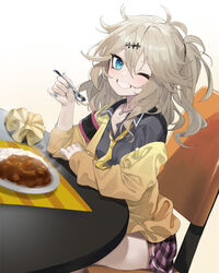  bandaid bandaid_on_clothes black_shirt blue_eyes blue_nails cardigan chair collarbone curry curry_rice female fingernails food hair_ornament highres holding holding_spoon jacket jewelry kasukabe_tsumugi long_hair looking_at_viewer loose_necktie necklace necktie off_shoulder one_eye_closed one_side_up open_cardigan open_clothes open_jacket plaid plaid_skirt plate rice shirt sitting skirt smile solo spoon table teeth unworn_scrunchie voicevox yappen yellow_cardigan yellow_jacket yellow_necktie 