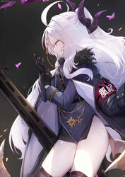  absurdres ahoge armband black_gloves black_thighhighs blue_archive bug butterfly coat facing_to_the_side female from_side fur-trimmed_coat fur_trim glove_pull gloves gun halo highres hina_(blue_archive) horns jacket jacket_on_shoulders long_hair machine_gun nekoya_(liu) purple_butterfly purple_eyes solo thighhighs thighs very_long_hair weapon white_hair 