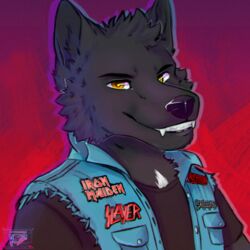  1:1 alexander_archipelago_wolf alternative_fashion anthro battle_vest black_body black_fur canid canine canis clothing fur heavy_metal iron_maiden_(band) kreator_(band) male malendraco_azrael mammal metalhead orange_eyes patch_(fabric) patched_clothing patched_jacket pentagram_(band) rayozecari shirt slayer_(band) smiley_face solo t-shirt teeth topwear wolf 