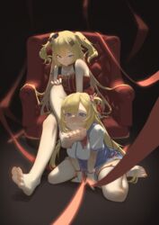  2girls absurdres aiharararara akai_haato akai_haato_(1st_costume) akai_haato_(gothic_lolita) arm_support armchair bare_shoulders barefoot blonde_hair blue_eyes blush bound bound_wrists breasts chair crossed_legs dress dual_persona feet foot_focus foot_on_another&#039;s_face foot_worship hair_ornament hair_ribbon hairclip heart heart_hair_ornament heart_necklace high-waist_skirt highres hololive jewelry large_breasts leaning_forward long_hair looking_at_another multiple_girls nail_polish necklace official_alternate_costume official_alternate_hairstyle one_side_up parted_lips red_dress red_nails red_ribbon ribbon school_uniform shirt short_sidetail short_sleeves sitting skirt sleeveless sleeveless_dress smile soles thigh_strap toenail_polish toenails toes two_side_up very_long_hair virtual_youtuber wariza white_shirt x_hair_ornament 