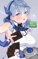  :o ? absurdres ako_(blue_archive) alternate_costume annzuwann between_fingers blue_archive blue_eyes blue_gloves blue_hair blush breasts card card_between_fingers commentary_request cosplay duel_disk earrings female fingerless_gloves gloves grey_hair halo highres holding holding_card jewelry large_breasts life_points looking_at_viewer shirt simple_background sleeveless sleeveless_shirt solo spoken_question_mark stud_earrings sweatdrop tenjouin_asuka tenjouin_asuka_(cosplay) upper_body white_shirt yu-gi-oh! yu-gi-oh!_gx 