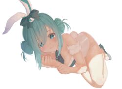  animal_ears bare_shoulders bicute_bunnies_miku black_necktie blue_eyes blue_hair blush bow breasts commentary double_bun female fishnet_pantyhose fishnets fur_armlet fur_cuffs fur_trim hair_between_eyes hair_bun hatsune_miku highres invisible_floor leotard looking_at_viewer necktie pantyhose playboy_bunny rabbit_ears short_necktie simple_background solo sparkle speech_bubble strapless tachibana_shiori_(suica_112) tearing_up vocaloid white_background 