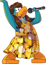  absurd_res alpha_channel avian bird blue_body brown_hair clothing club_penguin dress electronics female floral_dress full-length_portrait hair hi_res holding_microphone holding_object jewelry long_hair looking_at_viewer mckenzie_(club_penguin) microphone necklace official_art open_mouth orange_clothing orange_dress penguin portrait solo toony twintails unknown_artist upper_teeth_only 