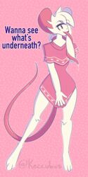  1:2 absurd_res animal_humanoid anthro blush clothed clothing digital_media_(artwork) femboy fur hair heart_symbol hi_res humanoid keccubus long_tongue looking_at_viewer male mammal mammal_humanoid mouse murid murine open_mouth pink_clothing rat_tail reggie_(whygena) rodent rodent_humanoid simple_background smile solo tail text tongue white_body white_fur 