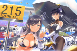  2girls absurdres atago_(azur_lane) atago_(stunning_speedster)_(azur_lane) azur_lane bare_shoulders bikini black_bikini black_hair bodystocking breasts cleavage cleavage_cutout clothing_cutout extra_ears high_ponytail highleg highleg_bikini highres holding holding_umbrella large_breasts long_hair looking_at_viewer mole mole_under_eye multicolored_leotard multiple_girls official_alternate_costume one_eye_closed orange_eyes race_queen ribbon sakura_empire_(emblem) shrug_(clothing) sleeve_cuffs swimsuit takao_(azur_lane) takao_(full_throttle_charmer)_(azur_lane) two-tone_bikini two-tone_leotard umbrella very_long_hair wesaki_leona white_ribbon 