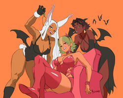  3girls :q alternate_costume animal_ears arm_up artist_name bare_shoulders bat_(animal) bat_wings black_dress black_footwear black_gloves black_leotard boku_no_hero_academia boots breasts brown_eyes brown_hair candy carrot cleavage collar collarbone couch covered_navel criss-cross_halter crossed_legs dangle_earrings dark-skinned_female dark_skin demon_girl demon_horns dress earrings elbow_gloves english_commentary fake_horns fire_emblem fire_emblem_engage fire_emblem_heroes food fur-trimmed_gloves fur_trim gloves green_eyes green_hair grin hair_between_eyes halloween halloween_costume halterneck headband holding holding_candy holding_carrot holding_food holding_lollipop horns jewelry laegjarn_(fire_emblem) large_breasts leaning_forward leaning_on_object leotard licking_lips lollipop long_eyelashes long_hair looking_at_viewer low_wings meziosaur mirko multicolored_hair multiple_girls on_couch orange_background orange_hair parted_bangs rabbit_ears rabbit_girl rabbit_tail red_collar red_eyes red_footwear red_headband red_leotard red_lips seforia_(fire_emblem) short_hair sitting skull_earrings smile strapless strapless_leotard tail teeth thick_thighs thigh_boots thighs toned tongue tongue_out upper_teeth_only very_dark_skin very_long_hair white_hair wings wrist_cuffs 