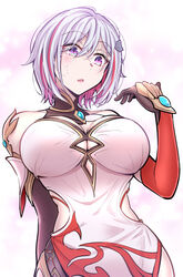  absurdres breasts china_dress chinese_clothes chinese_commentary commentary_request cosplay dress elbow_gloves fei_luo_mao female fu_hua fu_hua_(phoenix) fu_hua_(phoenix)_(cosplay) gloves halterneck highres honkai:_star_rail honkai_(series) honkai_impact_3rd large_breasts looking_at_hand mace_(voice_actor) multicolored_hair open_mouth purple_eyes red_hair sleeveless sleeveless_dress solo streaked_hair topaz_(honkai:_star_rail) two-tone_hair upper_body voice_actor_connection white_hair 