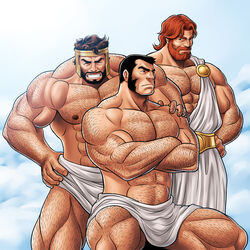  3boys abs ancient_greek_clothes arm_hair back_hair bara bulge character_request chest_hair crossed_arms greco-roman_clothes hairy hand_hair hand_on_another&#039;s_shoulder hercules_(marvel) highres knuckle_hair large_pectorals leg_hair male_focus marvel mature_male multiple_boys muscular muscular_male mutton_chops navel navel_hair nipples pectorals short_hair sideburns standing stomach strongman_waist thick_eyebrows thick_thighs thighs topless_male zelo-lee 