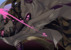  artist_name black_hair breasts chest_tattoo cleavage clothing_cutout commentary dress facial_mark fate/extra fate/extra_ccc fate/grand_order fate_(series) female forehead_mark forehead_tattoo from_side frtheia glowing glowing_eyes glowing_tattoo hand_on_own_chest hands_up horn_ornament horn_ring horns large_breasts long_hair long_sleeves looking_at_viewer looking_to_the_side mudra parted_bangs parted_lips pink_ribbon profile ribbon sessyoin_kiara side_cutout single_horn solo tassel tattoo upper_body upside-down veil vitarka_mudra white_dress white_veil wide_sleeves yellow_eyes 