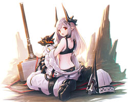  arknights back black_bra black_footwear black_gloves black_panties bodysuit bra breasts creature demon_horns demon_tail female from_behind gloves gogatsu_no_renkyuu grey_hair hair_ornament helmet highres holding holding_creature horns long_hair looking_at_viewer looking_back medium_breasts mudrock_(arknights) open_bodysuit open_clothes originium_slug_(arknights) panties pointy_ears red_eyes sitting solo stalagmite tail underwear unworn_headwear unworn_helmet war_hammer wariza weapon white_bodysuit 