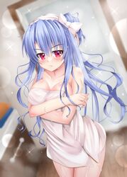  &gt;:( after_bathing bare_arms bare_shoulders bathroom blue_hair blurry blurry_background blush bow breasts cleavage closed_mouth collarbone commentary_request commission covering_breasts covering_privates cowboy_shot crossed_arms curvy eyelashes eyes_visible_through_hair female floating_hair frown hair_between_eyes hair_bun hairbow highres indoors jitome large_breasts lens_flare long_hair looking_at_viewer minatoto naked_towel red_eyes shiny_skin sidelocks single_hair_bun skeb_commission solo sorakado_ao sparkle standing steam summer_pockets towel v-shaped_eyebrows very_long_hair wet wet_hair white_bow 