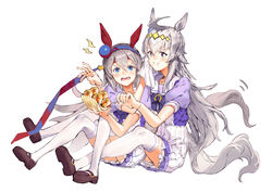  2girls absurdres ahoge animal_ears blue_eyes blue_hairband blush bow brown_footwear closed_mouth codename47 commentary_request ear_covers ear_ornament eating food grey_eyes grey_hair hair_between_eyes hair_ornament hairband headband highres holding holding_food horse_ears horse_girl horse_tail loafers long_hair multicolored_hair multiple_girls oerba_yun_fang oguri_cap_(umamusume) on_ground open_mouth petticoat pleated_skirt puffy_short_sleeves puffy_sleeves purple_bow purple_shirt red_headband sailor_collar school_uniform shirt shoes short_sleeves simple_background sitting skirt streaked_hair summer_uniform tail takoyaki tamamo_cross_(umamusume) thighhighs toothpick tracen_school_uniform umamusume v-shaped_eyebrows white_background white_skirt white_thighhighs 