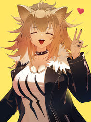  absurdres alternate_breast_size arknights black_collar black_jacket black_nails breasts brown_hair cleavage closed_eyes collar facing_viewer fangs female hand_up heart highres jacket large_breasts leather leather_jacket lion_girl long_hair long_sleeves open_clothes open_jacket open_mouth revision shirt siege_(arknights) simple_background solo studded_collar teeth tongue upper_body upper_teeth_only v white_shirt xuanji yellow_background 