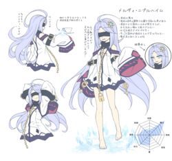  ahoge arm_belt arms_behind_head arms_up arrow_(symbol) bare_legs bare_shoulders barefoot belt black_belt black_blindfold blindfold blue_eyes blue_hair chains character_name closed_mouth collar commentary_request cropped_legs cup detached_sleeves dress feet female full_body hair_ornament highres holding holding_cup holding_saucer huge_ahoge ice icicle kyuutou_(kyuutouryuu) light_blue_hair lock long_hair melvi_burheim metal_collar multiple_views original parted_lips partially_translated radar_chart saucer simple_background sleeves_past_fingers sleeves_past_wrists smile snowflake_hair_ornament snowflake_print solo_focus standing teacup toes translation_request very_long_hair white_background white_dress 