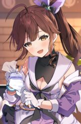  ahoge bad_id bad_pixiv_id bare_shoulders black_bow blurry blurry_background bow breasts brown_eyes brown_hair cleavage cleavage_cutout clothing_cutout commentary_request covered_collarbone depth_of_field diantha_(granblue_fantasy) dress female gloves granblue_fantasy hair_between_eyes hairbow holding holding_pastry_bag jacket long_sleeves medium_breasts omuretsu open_clothes open_jacket pastry_bag ponytail puffy_long_sleeves puffy_sleeves purple_jacket sleeveless sleeveless_dress solo white_dress white_gloves wooden_floor 