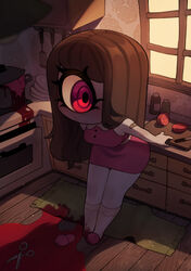  absurdres blood blood_on_clothes blood_on_ground breasts brown_hair commentary cooking_pot cupboard cutting_board cyclops dress female full_body highres implied_murder indoors knife legs_together long_hair medium_breasts one-eyed original oven plate red_dress red_eyes rug scissors short_dress single_slipper slippers solo spatula tomato window wooden_floor zombiemiso 