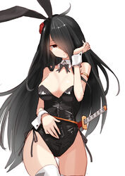  animal_ears ass_visible_through_thighs black_hair bow bowtie breasts covered_navel detached_collar fake_animal_ears female highleg highres katana leotard long_hair parted_lips playboy_bunny rabbit_ears simple_background solo strapless strapless_leotard sword tetsukuzu_(yajirushi_shita) thighhighs traditional_bowtie very_long_hair weapon white_background white_thighhighs 