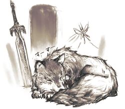 ambiguous_gender canid canine canis closed_eyes cuddling curled_up dark_souls digital_drawing_(artwork) digital_media_(artwork) feral fluffy fluffy_tail fromsoftware fur great_grey_wolf_sif group human kitunen lying macro mammal melee_weapon monochrome moonlight_butterfly_(dark_souls) size_difference sketch sleeping solo_focus sword tail weapon wolf