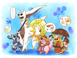 accessory ambiguous_gender arceus bow_(feature) bow_accessory bow_ribbon chibi clothing creation_trio dialga ellipsis eyewear female food fruit generation_4_pokemon giratina group hair_accessory hair_ribbon hairbow hat headgear headwear heart_symbol inflatable legendary_pokemon legendary_trio melon nintendo origin_forme_giratina palkia plant pokemon pokemon_(species) pool_toy question_mark ribbons sand_castle sculpture seashell shell shiny_pokemon shovel sunglasses swim_ring tail tools torute umbrella watermelon watermelon_slice