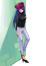 against_surface against_wall alternate_species beatnik beret blue_eyes blue_hair bottomwear clothing female footwear friendship_is_magic grandfathered_content hair hands_behind_back hasbro hat headgear headwear high_heels human human_only humanized leaning long_hair mammal my_little_pony not_furry pants personification rarity_(mlp) sapphire1010 shoes solo sweater topwear turtleneck wong_ying_chee