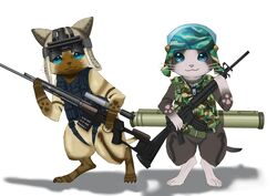 :3 ambiguous_gender anthro ar-15 armor assault_rifle barefoot belt blue_eyes capcom clothing combat_helmet crossover dog_tags dragunov duo feet felid felyne fur fur_markings gun headgear helmet hi_res konami looking_at_viewer lynian m16 mammal markings metal_gear metal_gear_solid_peace_walker monster_hunter ranged_weapon rifle rocket_launcher scope simple_background sniper_rifle standing stoner_rifle svd topwear unknown_artist utility_belt vest weapon whiskers white_background