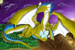 dragon egg female feral giga hi_res landscape_dwarfing macro membrane_(anatomy) membranous_wings moon mythological_creature mythological_scalie mythology narse night outside red_eyes scalie silowyi sky solo star starry_sky tail wings yellow_body