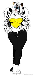 2009 anthro blue_eyes breasts cleavage clothed clothing copyright_symbol deonwolf digital_media_(artwork) female hair hands_on_hips hi_res hybrid mammal mephitid pose sabrina_online skunk solo symbol tail white_hair zig_zag