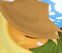 applejack_(mlp) blonde_hair closed_eyes clothing cloud cowboy_hat earth_pony equid equine female friendship_is_magic grass hair hasbro hat hay headgear headwear hi_res horse mammal my_little_pony outside plant pony sky solo thedracojayproduct