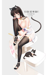  absurdres animal animal_ear_fluff animal_ears aqua_eyes bad_id bad_pixiv_id bare_arms bare_shoulders bell black_hair black_panties black_thighhighs blush bracelet breasts buckle cat_ears cat_girl cat_tail cat_tower chinese_commentary chinese_text cleavage collar collarbone commentary dress feline female full_body garter_straps grey_background highres jewelry jingle_bell knee_up laoan large_breasts looking_at_viewer nail_polish original panties pantyshot parted_lips pillarboxed pink_footwear pinyin_text red_nails sandals short_dress signature simple_background sleeveless sleeveless_dress smug solo tail thighhighs translated underwear upskirt white_dress 