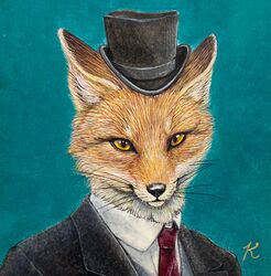  absurd_res accessory anthro black_nose canid canine clothing dipstick_ears ear_markings formal formal_wear fox fur hat headgear headshot_portrait headwear hi_res icon kaho_nishikawa male mammal multicolored_ears necktie painting_(artwork) portrait realistic_fur red_fox simple_background solo suit_jacket teal_background top_hat traditional_media_(artwork) true_fox whiskers white_body white_fur yellow_eyes 