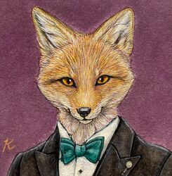  accessory anthro black_nose bow_(feature) bow_in_front bow_tie canid canine clothing dipstick_ears ear_markings formal formal_wear fox fur headshot_portrait hi_res icon kaho_nishikawa male mammal multicolored_ears painting_(artwork) portrait purple_background realistic_fur red_fox simple_background solo suit_jacket traditional_media_(artwork) true_fox whiskers white_body white_fur yellow_eyes 