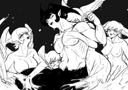  1boy 4others absurdres androgynous angel_wings asuka_ryou bad_id bad_pixiv_id breasts commentary_request devilman devilman_(character) feathered_wings fudou_akira greyscale head_wings highres hug hug_from_behind medium_breasts monochrome multiple_others multiple_persona multiple_wings nude satan_(devilman) short_hair sideburns thirty_8ght wings 