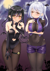  2girls :p :t alternate_costume arm_under_breasts ass_visible_through_thighs black_bodysuit black_gloves black_hair black_leotard black_pantyhose blue_hair blunt_bangs blush bodysuit bodysuit_under_clothes breasts cleavage closed_mouth clothing_cutout commentary_request covered_navel demon_girl demon_horns demon_tail demon_wings elbow_gloves feet_out_of_frame finger_to_cheek full_moon gloves hair_between_eyes head_wings heart heart_cutout highres hiyoku_no_crosspiece horns jack-o&#039;-lantern kasumasu_(tales75) kohaku_yuri kojo_anna large_breasts leaning_forward leotard long_hair looking_at_viewer medium_breasts moon multicolored_hair multiple_girls nanashi_inc. navel_cutout pantyhose pointy_ears purple_hair purple_shorts shorts smile strapless strapless_leotard streaked_hair sugar_lyric tail thigh_gap tongue tongue_out two-tone_hair virtual_youtuber white_hair wings yellow_eyes 