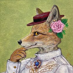  accessory anthro black_nose brooch canid canine clothing dipstick_ears ear_markings female flower flower_in_hair formal formal_wear fox fur gown green_background hair hair_accessory handpaw hat headgear headshot_portrait headwear hi_res icon kaho_nishikawa mammal multicolored_ears painting_(artwork) paws plant portrait realistic_fur red_fox simple_background solo traditional_media_(artwork) true_fox whiskers white_body white_fur yellow_eyes 