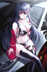  absurdres azur_lane bikini black_bikini black_choker black_hair black_thighhighs breasts choker cleavage commentary crossed_bangs female highleg highleg_bikini highres jacket large_breasts long_hair multi-strapped_bikini_bottom off_shoulder official_alternate_costume photoshop_(medium) race_queen red_eyes red_jacket ryon_y0421 sakura_empire_(emblem) skindentation solo swimsuit taihou_(azur_lane) taihou_(enraptured_companion)_(azur_lane) thigh_strap thighhighs 