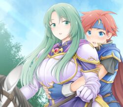  1boy age_difference animal armor armored_dress arms_around_waist blue_cape blue_eyes blue_gloves blue_headband blue_sky blush breastplate cape cecilia_(fire_emblem) commentary_request day dress elbow_gloves female fingerless_gloves fire_emblem fire_emblem:_the_binding_blade gloves gold_trim green_eyes green_hair ham_pon headband highres horse horseback_riding long_hair looking_at_another outdoors purple_dress red_cape red_hair riding roy_(fire_emblem) short_hair short_sleeves shoulder_armor sitting sky sweatdrop tree two-tone_cape white_gloves 