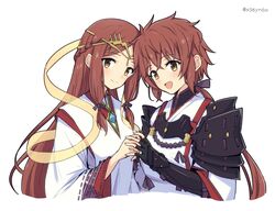  2girls :d armor braid brown_hair cropped_torso crown_hair_ornament fan_la_norne gauntlets gem hagoromo heads_together highres holding_hands japanese_clothes long_hair looking_at_viewer lora_(xenoblade) mochimochi_(xseynao) multiple_girls robe shawl short_hair short_hair_with_long_locks sidelocks simple_background smile tiara twintails twitter_username upper_body white_background white_robe xenoblade_chronicles_(series) xenoblade_chronicles_2 xenoblade_chronicles_2:_torna_-_the_golden_country yellow_eyes 