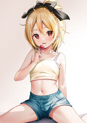  bare_arms bare_shoulders black_bow blonde_hair blue_shorts bow braid brown_background brown_camisole camisole candy collarbone commentary_request commission felt_(re:zero) female food gradient_background hair_between_eyes hairbow highres holding holding_candy holding_food holding_lollipop lollipop looking_at_viewer navel pixiv_commission re:zero_kara_hajimeru_isekai_seikatsu red_eyes short_shorts shorts smile solo spread_legs white_background yan_(nicknikg) 