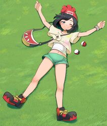  ;) absurdres beanie bracelet closed_mouth clothes_lift commentary commission day female floral_print from_above full_body grass green_shorts grey_eyes hat highres jewelry knees legs looking_at_viewer lying midriff mr.thunderigor navel on_back one_eye_closed outdoors poke_ball poke_ball_(basic) pokemon pokemon_sm red_hat selene_(pokemon) shirt shirt_lift short_shorts short_sleeves shorts smile solo t-shirt tied_shirt undershirt z-ring 