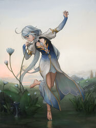  absurdres ahoge arm_up barefoot barefoot_sandals_(jewelry) blue_eyes blue_hair blue_nails breasts closed_mouth cowlick dress drop-shaped_pupils female fine_art_parody flower focalors_(genshin_impact) full_body genshin_impact gradient_dress grass hair_between_eyes high-low_skirt highres juliet_sleeves light_blue_hair long_hair long_sleeves multicolored_hair nail_polish parody puffy_sleeves sidelocks small_breasts smelling_flower smile solo streaked_hair symbol-shaped_pupils ti_hai_diao_yu toenail_polish toenails two-tone_hair white_dress white_hair 