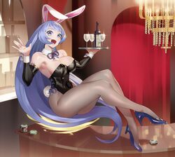  :d absurdres animal_ears bar_(place) bare_shoulders black_leotard black_sleeves blue_eyes blue_footwear blue_hair blue_ribbon boku_no_hero_academia bottle breasts chandelier cleavage commentary commission covered_navel cup detached_collar detached_sleeves drinking_glass english_commentary fake_animal_ears fake_tail female fine_fabric_emphasis floating full_body hadou_nejire high_heels highleg highleg_leotard highres holding holding_tray koyap large_breasts leotard long_hair looking_at_viewer open_mouth pantyhose playboy_bunny poker_chip rabbit_ears rabbit_girl rabbit_tail ribbon smile solo strapless strapless_leotard swept_bangs table tail thick_thighs thighs toned tray very_long_hair wine_bottle wrist_cuffs 