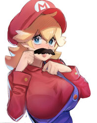  ahoge blonde_hair blue_eyes blue_overalls blush bra bra_visible_through_clothes breasts buttons cabbie_hat clothes_writing cosplay fake_facial_hair fake_mustache female hair_between_eyes hair_flaps hand_on_own_chest hat highres large_breasts lipstick long_sleeves looking_at_viewer makeup mario mario_(cosplay) mario_(series) medium_hair overalls pink_lips princess_peach red_hat red_shirt shirt sho-n-d sidelocks simple_background solo underwear white_background 