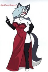  anthro beckoning big_breasts blush breasts canid canid_demon canine cleavage clothed clothing demon dress evening_gown female gesture hellhound helluva_boss hi_res loona_(helluva_boss) mammal mythological_canine mythological_creature mythology pace-maker red_clothing red_dress side_slit side_slit_clothing side_slit_dress small_waist solo strapless_clothing strapless_dress tail thick_thighs wide_hips 